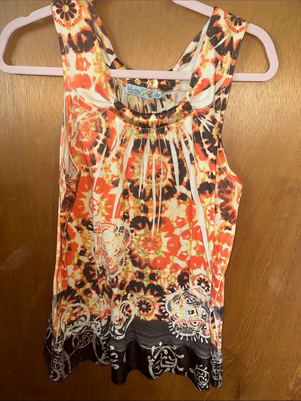 Unity World Wear Orange, Black & Cream Floral Gathered-Neck Tank